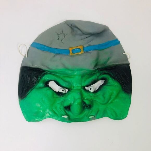 vintage 80’s witch half mask green face with gray hat latex - Picture 1 of 7